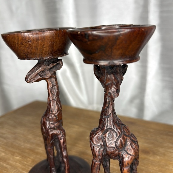 Vintage Art Deco Wooden Giraffe 6” Candle Holder Hand Carved Dark Wood Set of 2 - Picture 9 of 10